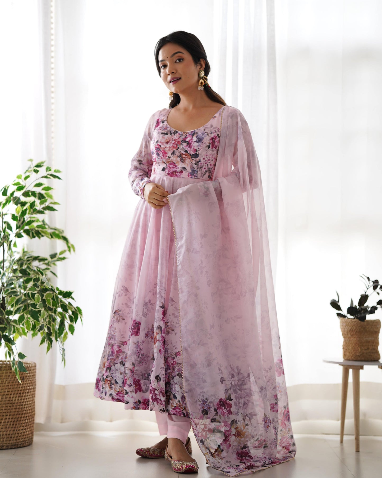 Lovely Organza Silk Floral Digital Printed Anarkali Pant Suit - INDIAN ELEGANCE