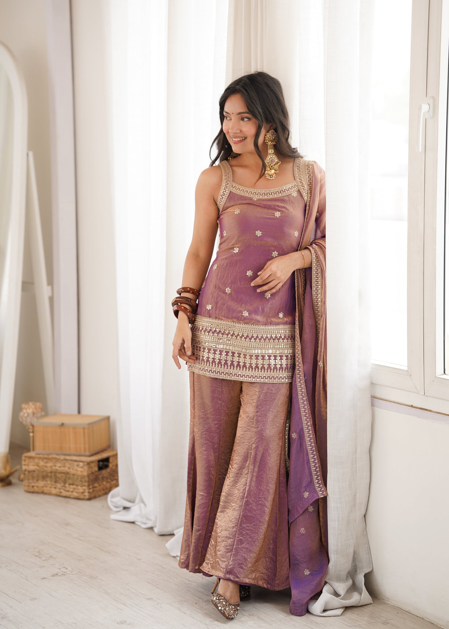 Women's Premium Fancy Silk Kurta with Bell Bottom Pant & Matching Dupatta |
