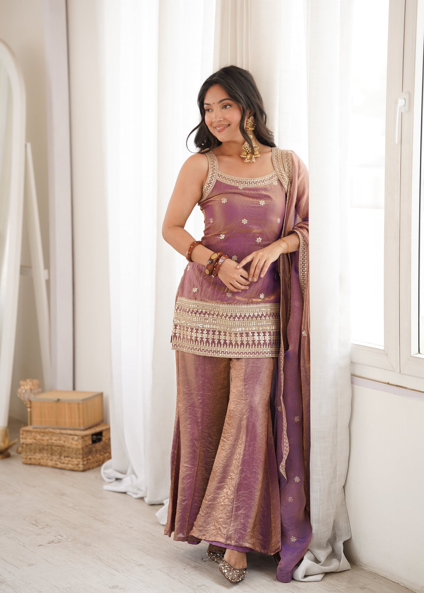 Women's Premium Fancy Silk Kurta with Bell Bottom Pant & Matching Dupatta |