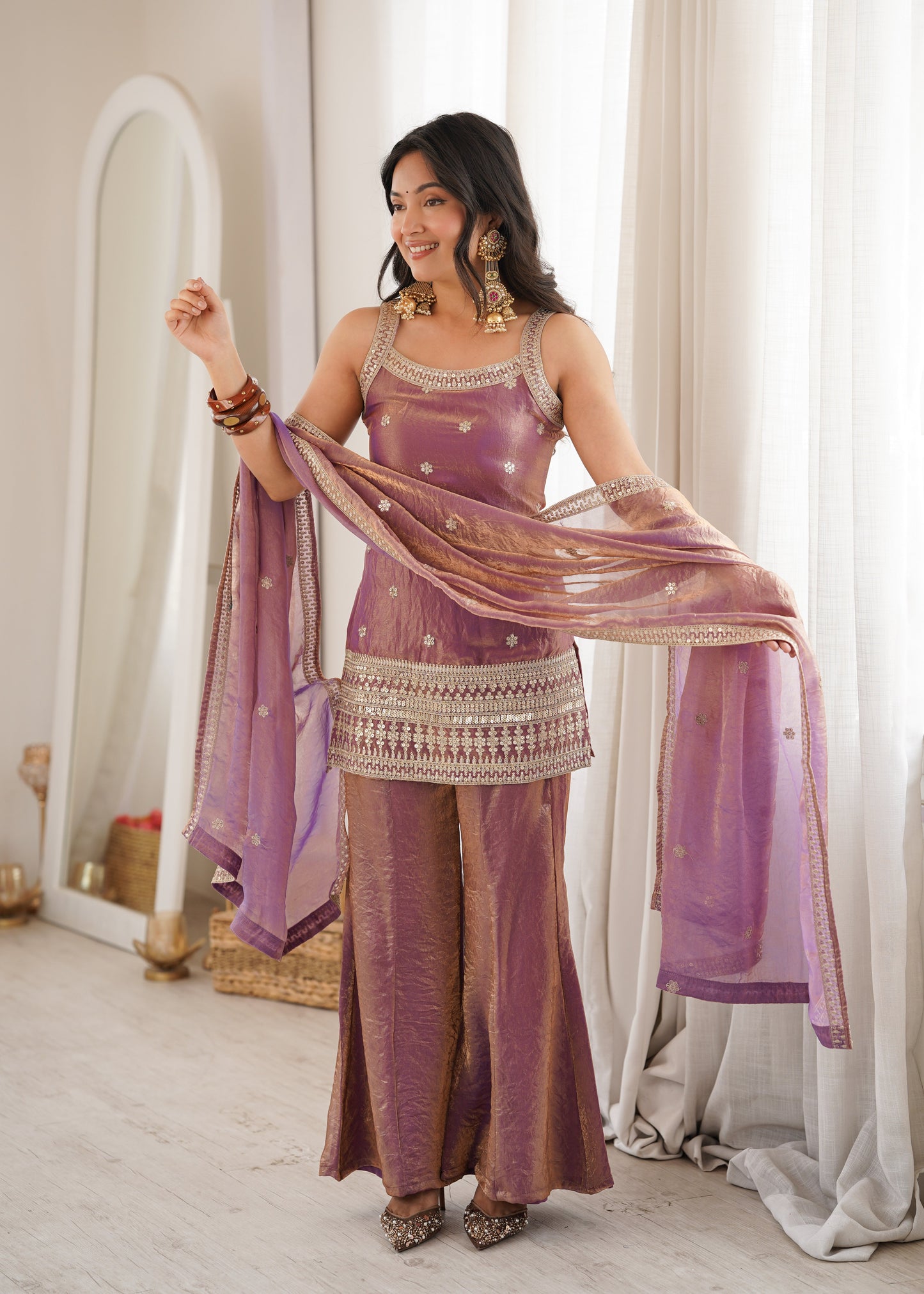 Women's Premium Fancy Silk Kurta with Bell Bottom Pant & Matching Dupatta |