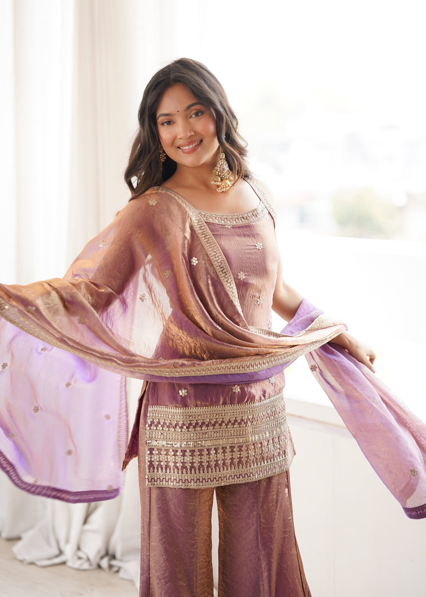 Women's Premium Fancy Silk Kurta with Bell Bottom Pant & Matching Dupatta |