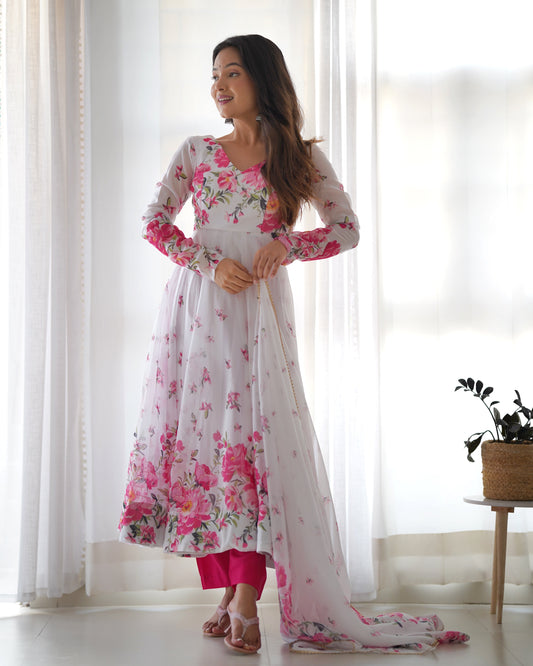 Polished White Organza Silk Floral Printed Anarkali Pant Suit - INDIAN ELEGANCE
