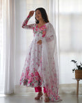 White Bloom Full Stiched  Anarkali Suit with Pink Accents | Stylish Outfit