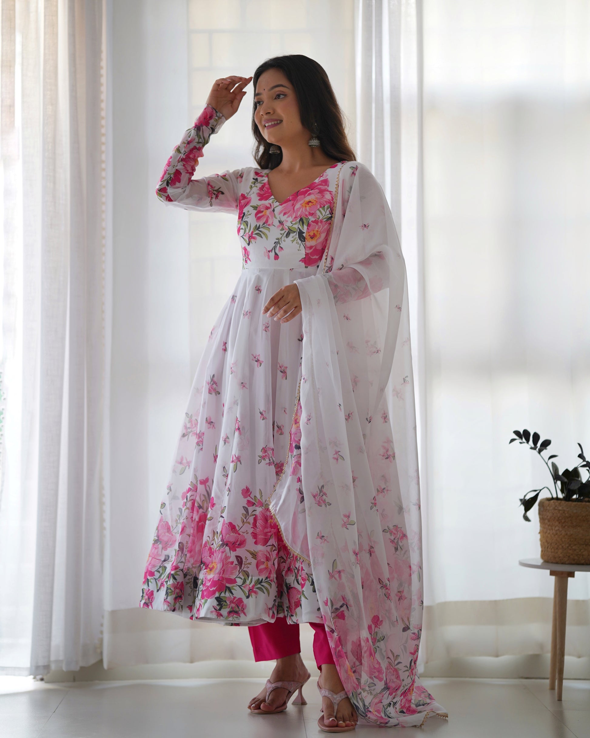 Polished White Organza Silk Floral Printed Anarkali Pant Suit - INDIAN ELEGANCE