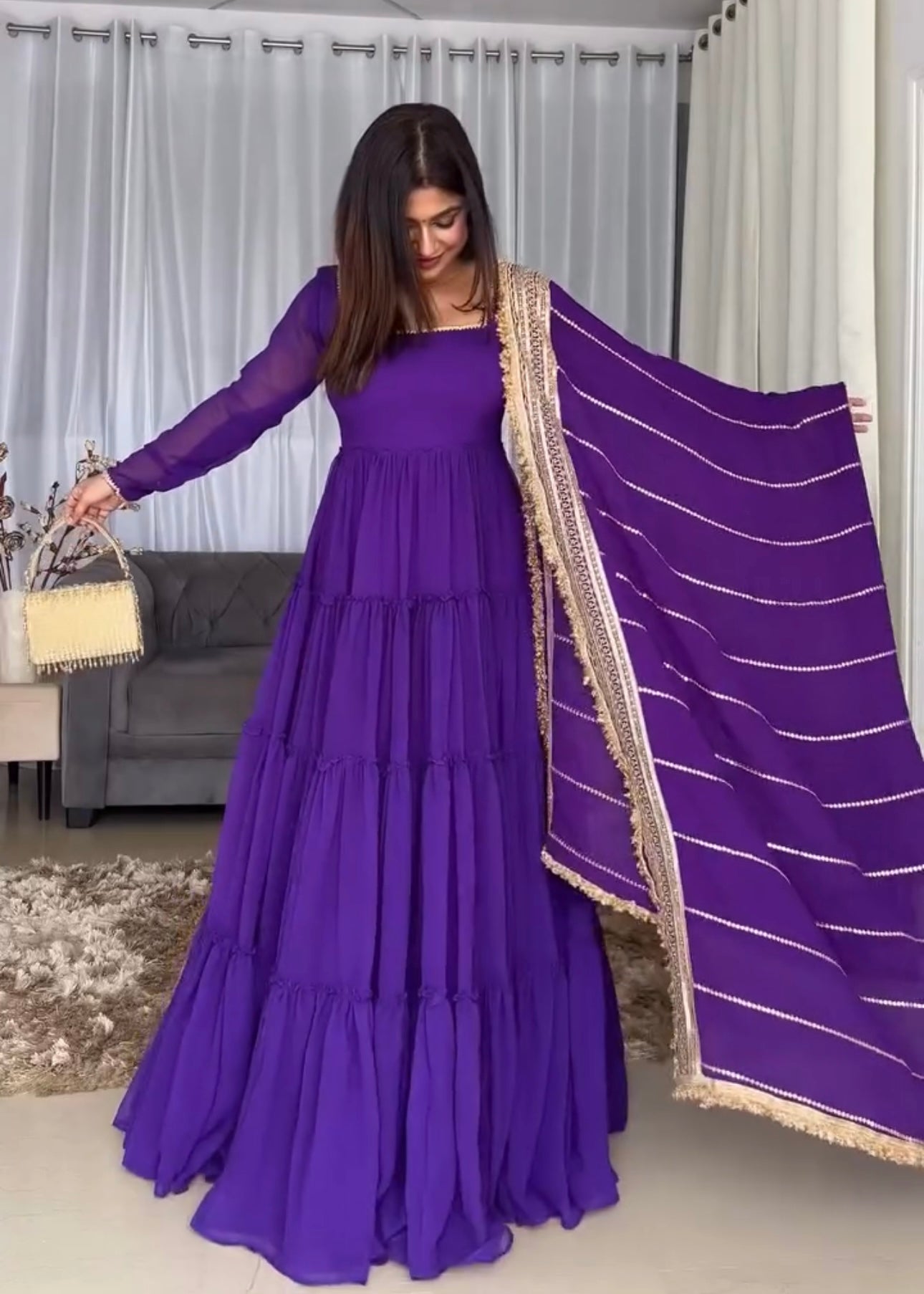 Rich Royal Purple  Faux Georgette 17-Meter Flair Anarkali Dress With Dupatta