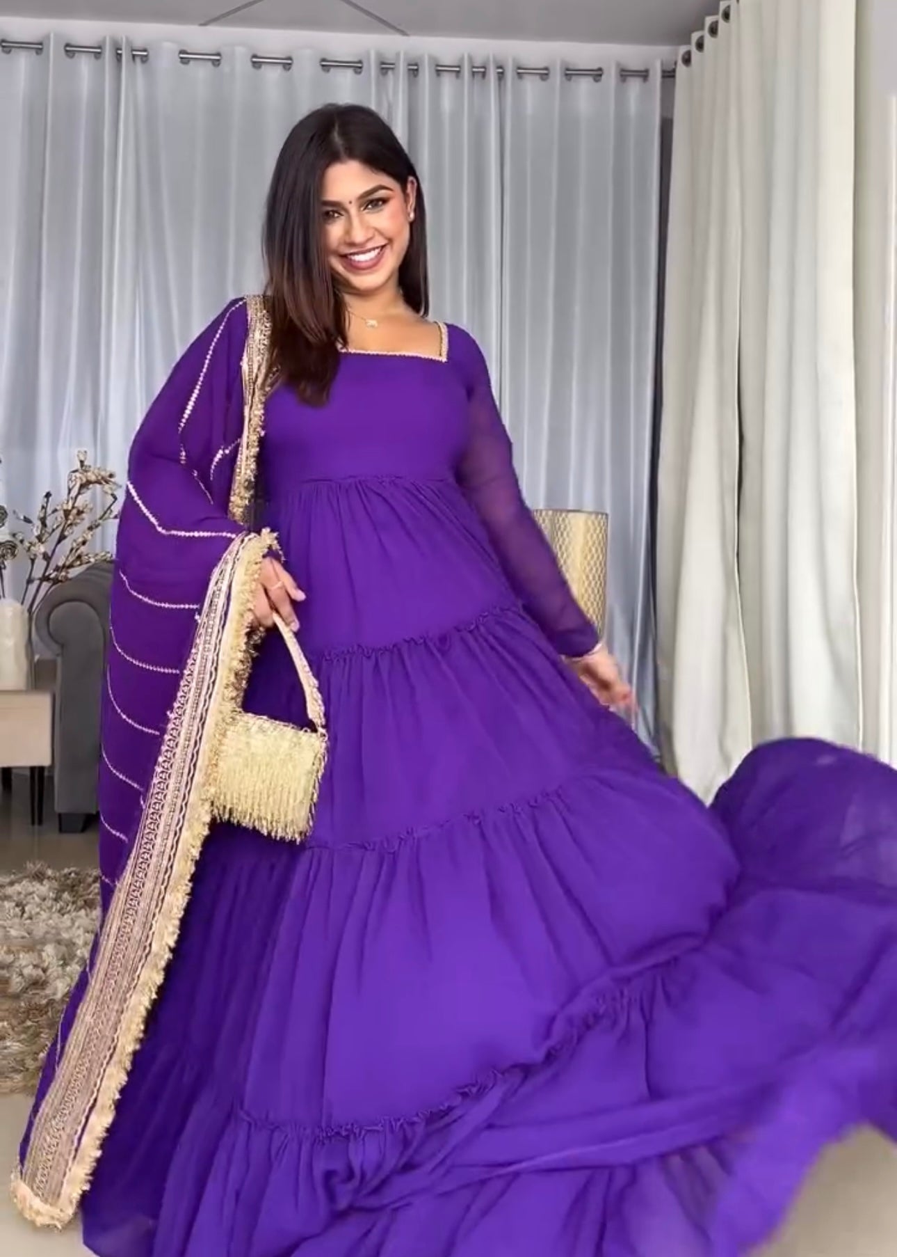 Rich Royal Purple  Faux Georgette 17-Meter Flair Anarkali Dress With Dupatta