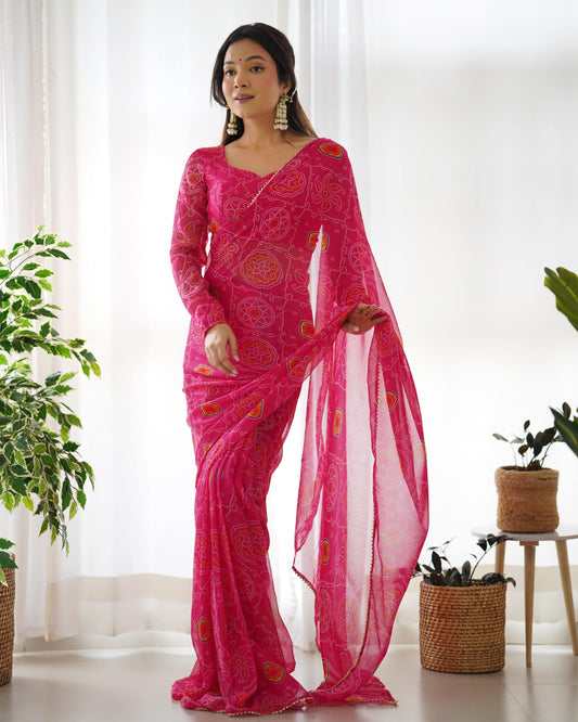 Pink Pure Soft Chiffon Bandhej Printed Ready To Wear Saree - INDIAN ELEGANCE