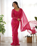 Pink Pure Soft Chiffon Bandhej Printed Ready To Wear Saree -Fully Stiched  Blouse