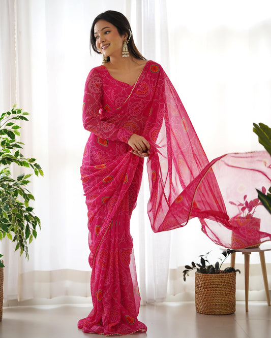 Pink Pure Soft Chiffon Bandhej Printed Ready To Wear Saree - INDIAN ELEGANCE