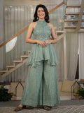 Mint Green Embroidered Peplum Top With Sharara Palazzo Suits