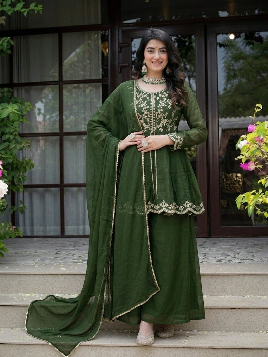 Royal Green Crunchy Silk  Plazzo Suit With Embroidered Dupatta