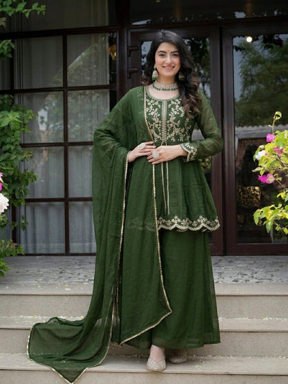 Royal Green Crunchy Silk  Plazzo Suit With Embroidered Dupatta