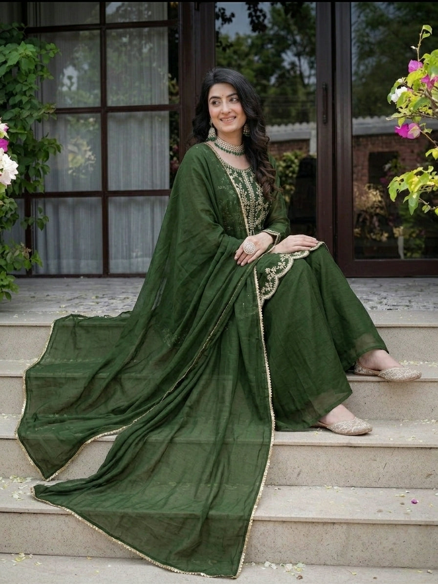 Royal Green Crunchy Silk  Plazzo Suit With Embroidered Dupatta