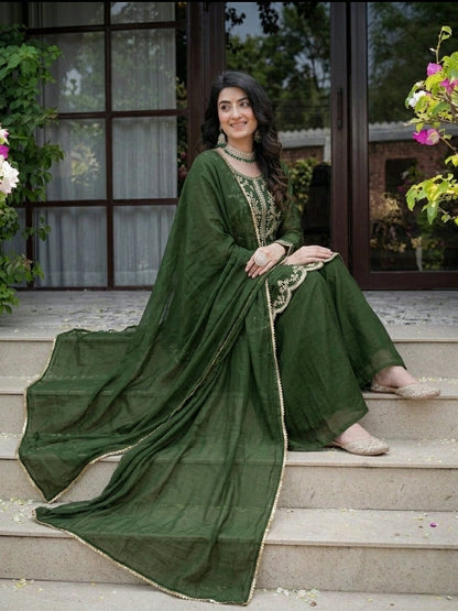 Royal Green Crunchy Silk  Plazzo Suit With Embroidered Dupatta