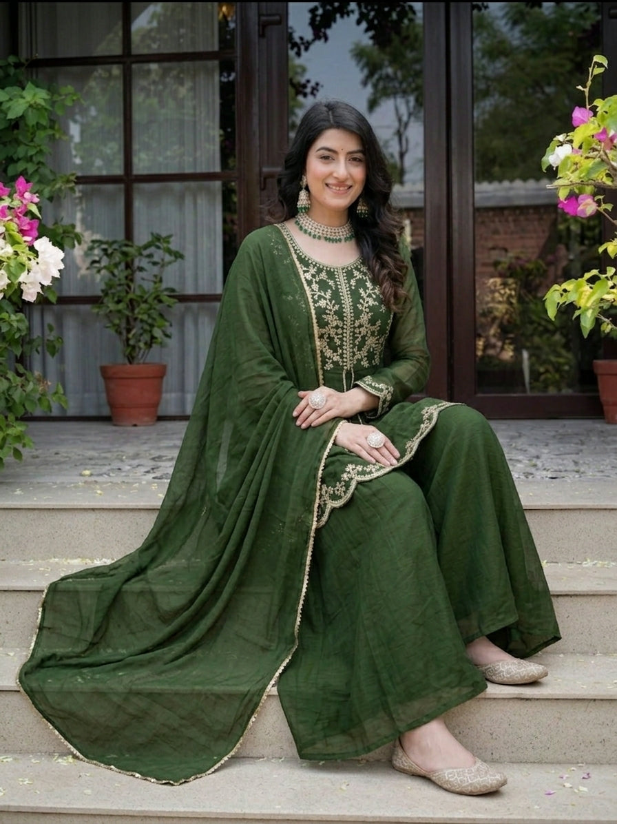Royal Green Crunchy Silk  Plazzo Suit With Embroidered Dupatta