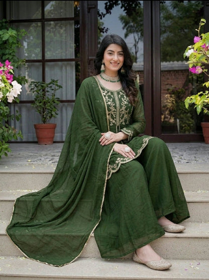 Royal Green Crunchy Silk  Plazzo Suit With Embroidered Dupatta