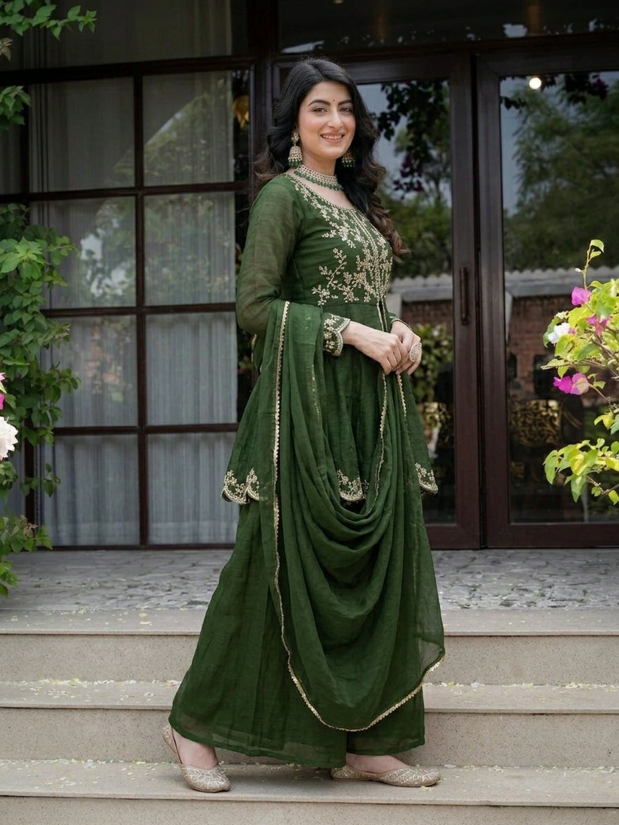 Royal Green Crunchy Silk  Plazzo Suit With Embroidered Dupatta