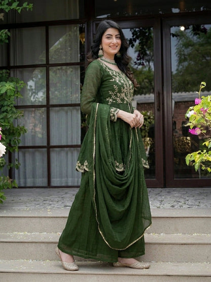Royal Green Crunchy Silk  Plazzo Suit With Embroidered Dupatta