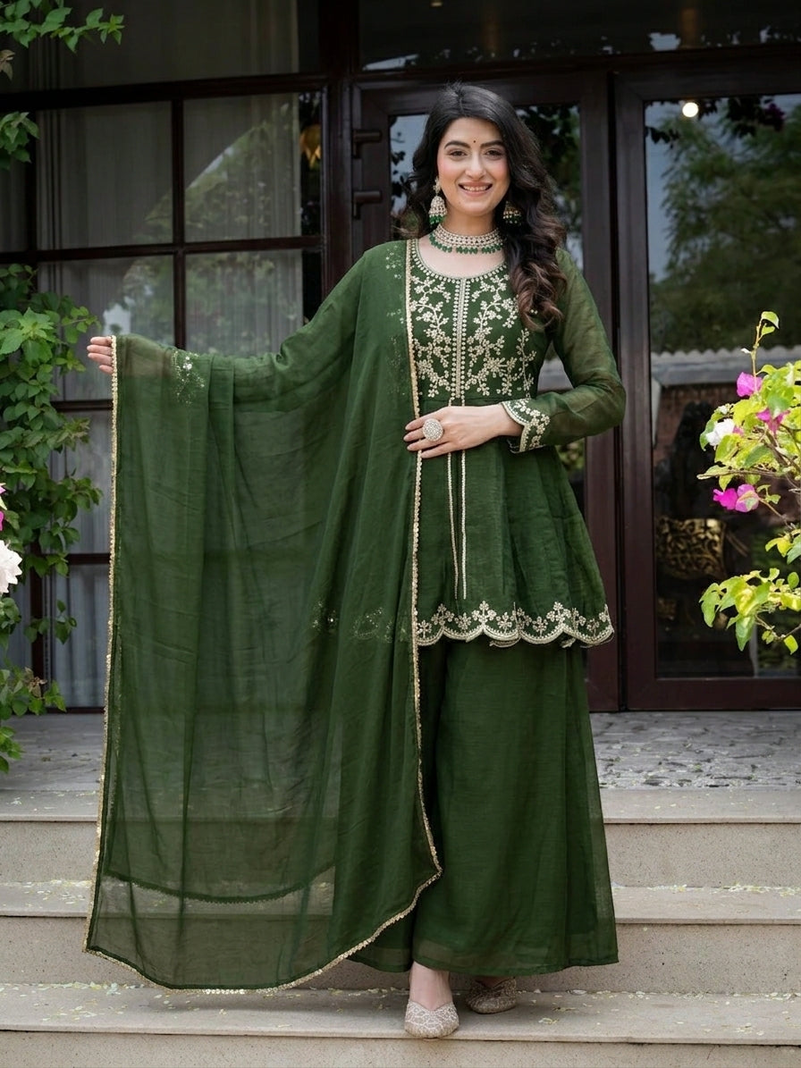 Royal Green Crunchy Silk  Plazzo Suit With Embroidered Dupatta