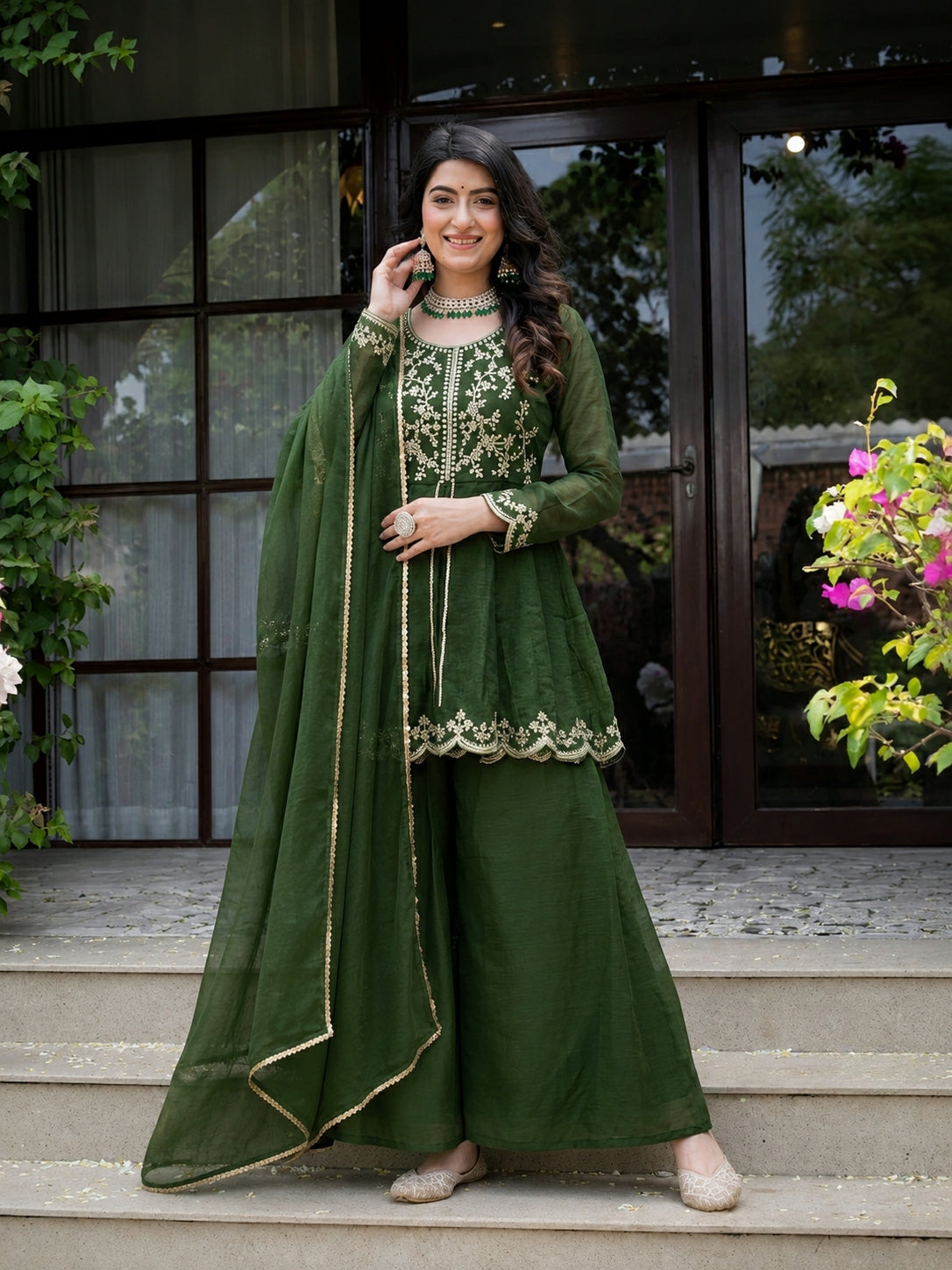 Royal Green Crunchy Silk  Plazzo Suit With Embroidered Dupatta