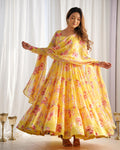 Classic Yellow Floral Printed Fully Stitched Anarkali Pant Suit
