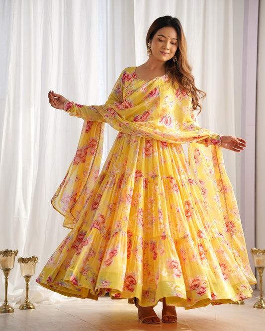 Graceful Yellow Floral Printed Fully Stitched Anarkali Pant Suit - Ethnicwish