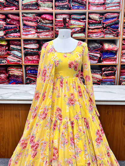 Graceful Yellow Floral Printed Fully Stitched Anarkali Pant Suit - Ethnicwish