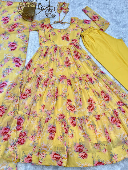 Graceful Yellow Floral Printed Fully Stitched Anarkali Pant Suit - Ethnicwish
