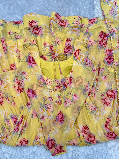 Graceful Yellow Floral Printed Fully Stitched Anarkali Pant Suit - Ethnicwish
