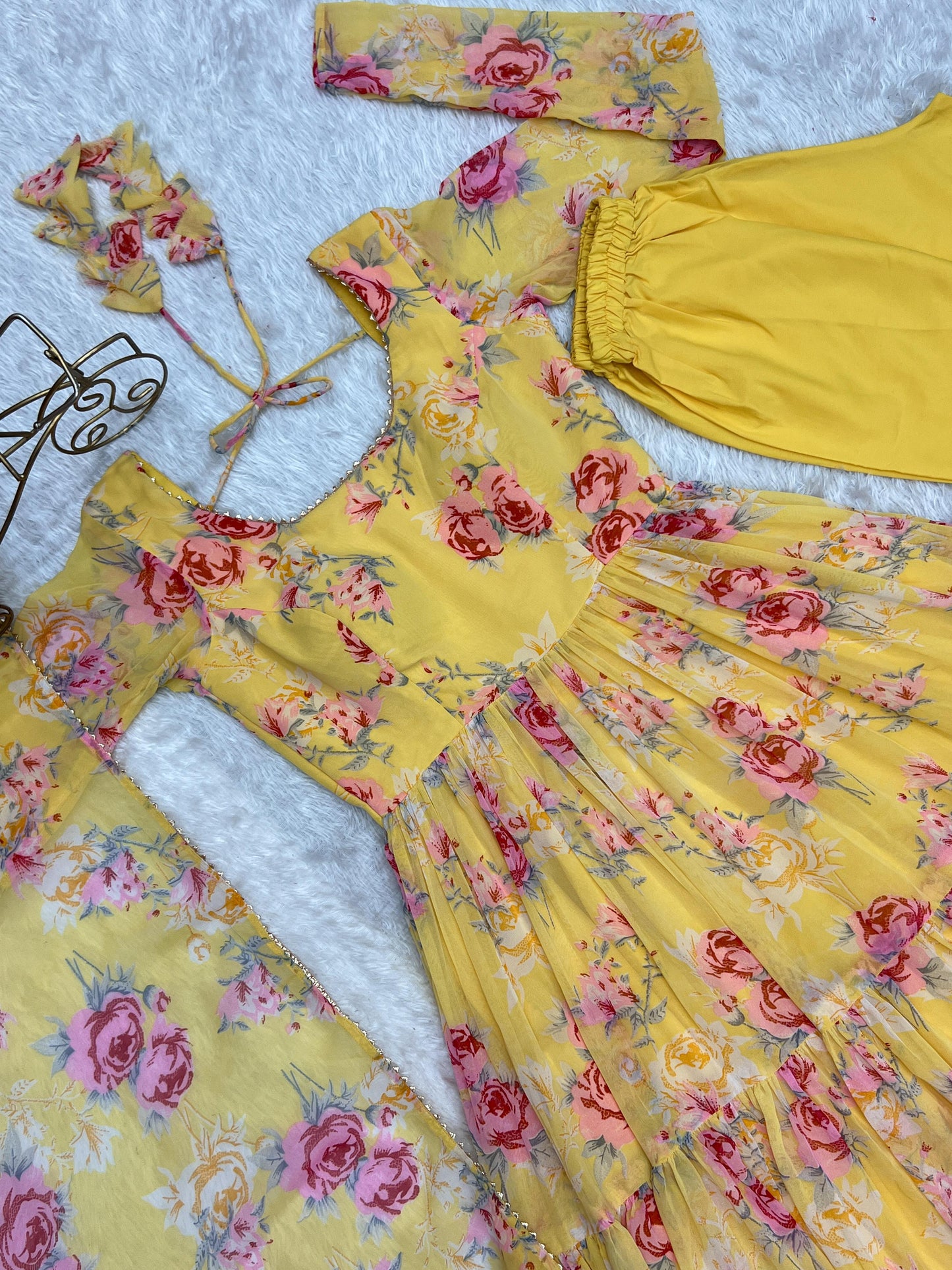 Graceful Yellow Floral Printed Fully Stitched Anarkali Pant Suit - Ethnicwish