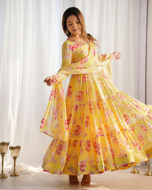 Graceful Yellow Floral Printed Fully Stitched Anarkali Pant Suit - Ethnicwish