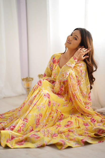 Graceful Yellow Floral Printed Fully Stitched Anarkali Pant Suit - Ethnicwish