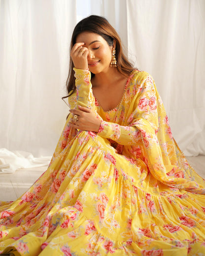 Graceful Yellow Floral Printed Fully Stitched Anarkali Pant Suit - Ethnicwish