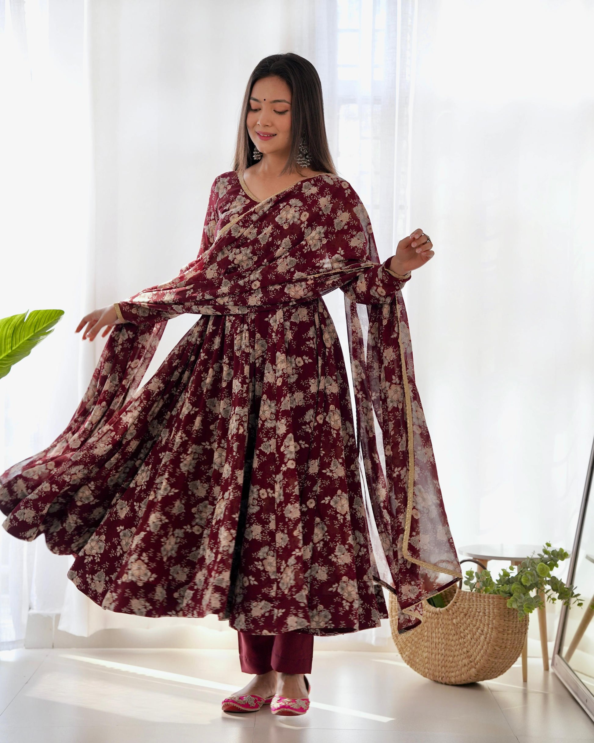 Exquisite Dark Maroon Floral Printed Fully Stitched Designer Anarkali Pant Suit - INDIAN ELEGANCE