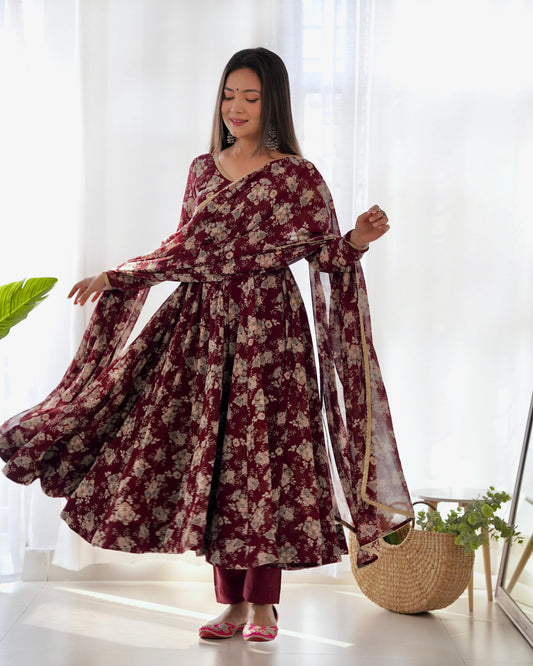 Exquisite Dark Maroon Floral Printed Fully Stitched Designer Anarkali Pant Suit - INDIAN ELEGANCE