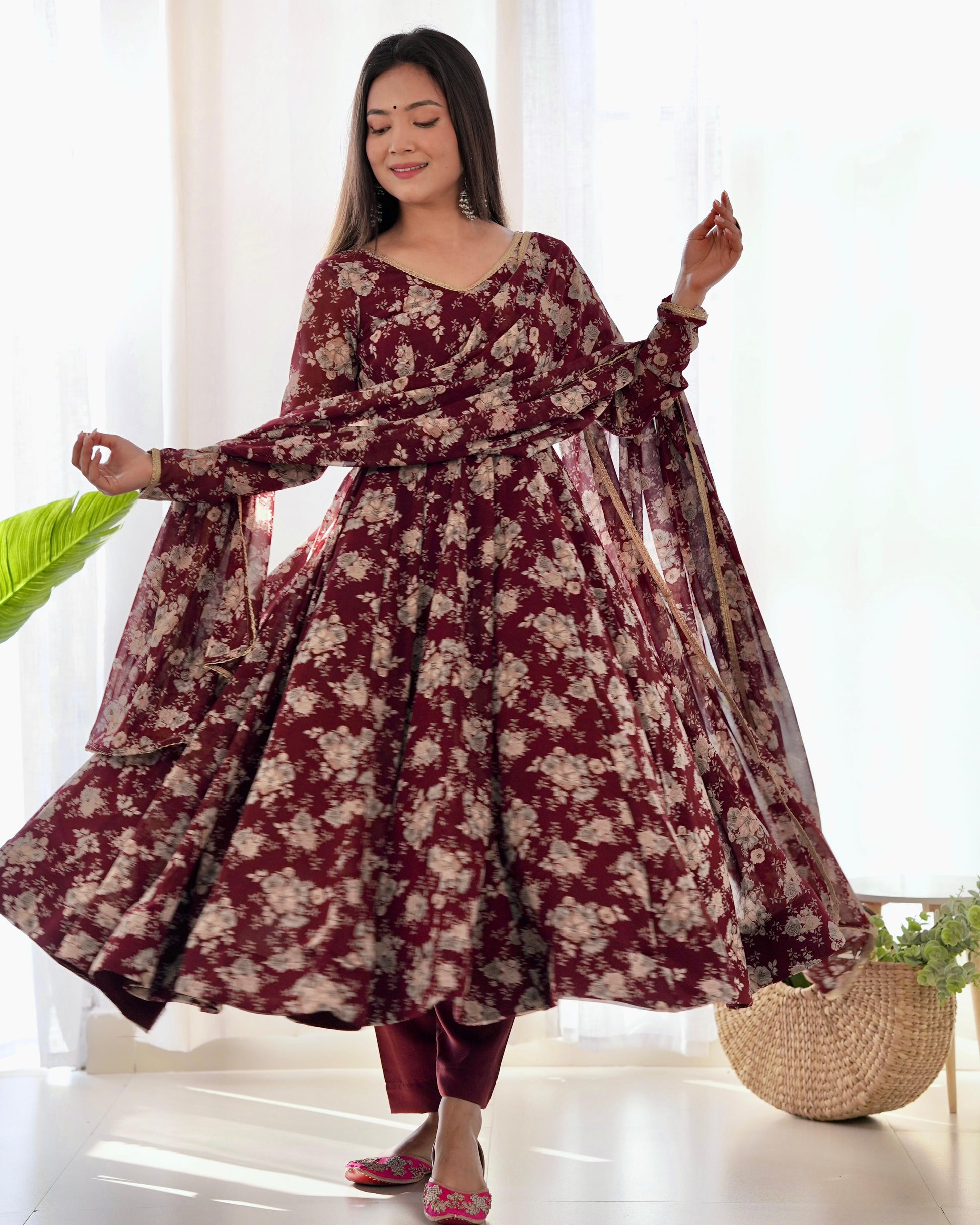 Exquisite Dark Maroon Floral Printed Fully Stitched Designer Anarkali Pant Suit - INDIAN ELEGANCE