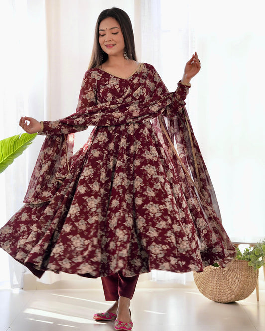 Exquisite Dark Maroon Floral Printed Fully Stitched Designer Anarkali Pant Suit - INDIAN ELEGANCE