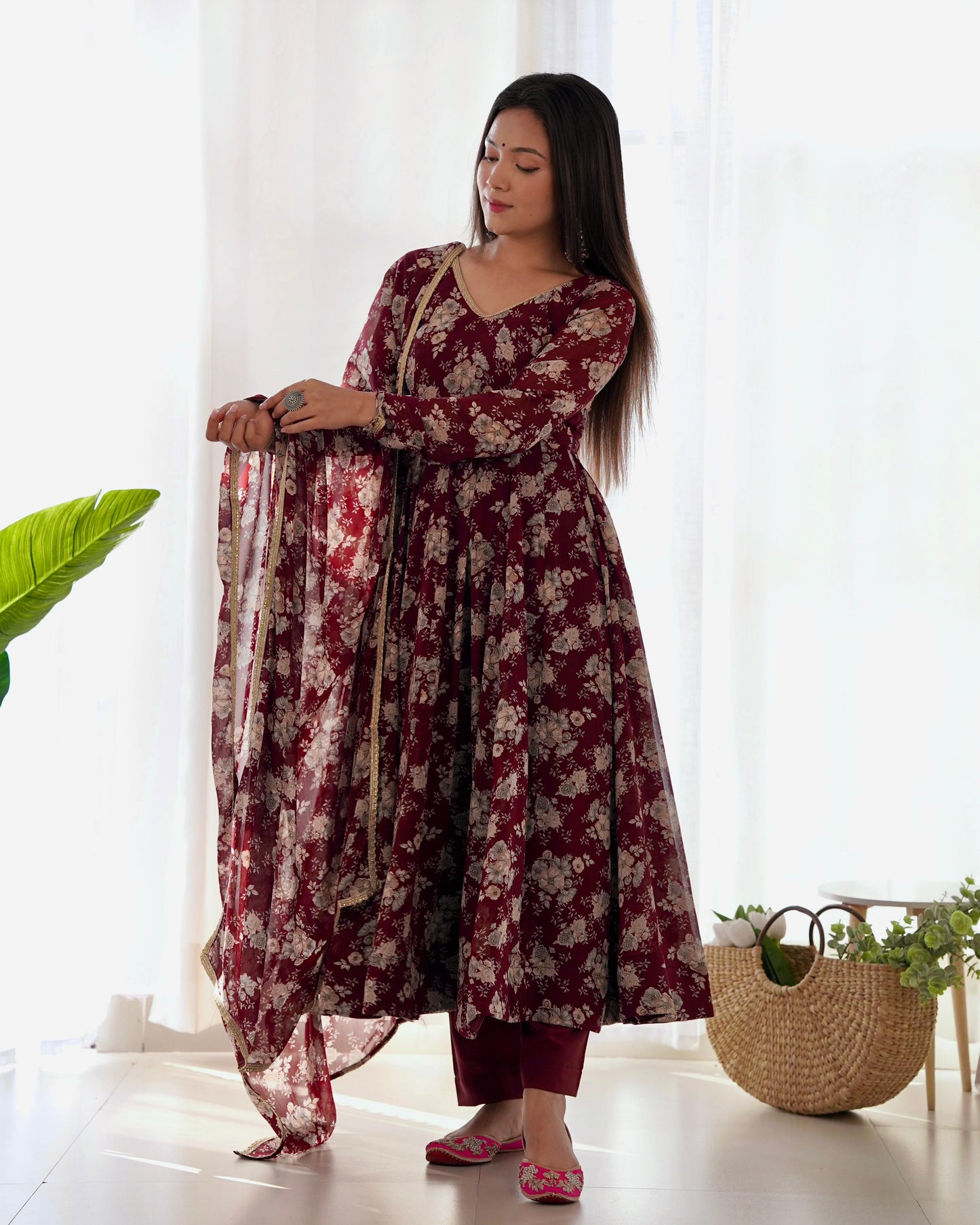 Exquisite Dark Maroon Floral Printed Fully Stitched Designer Anarkali Pant Suit - INDIAN ELEGANCE