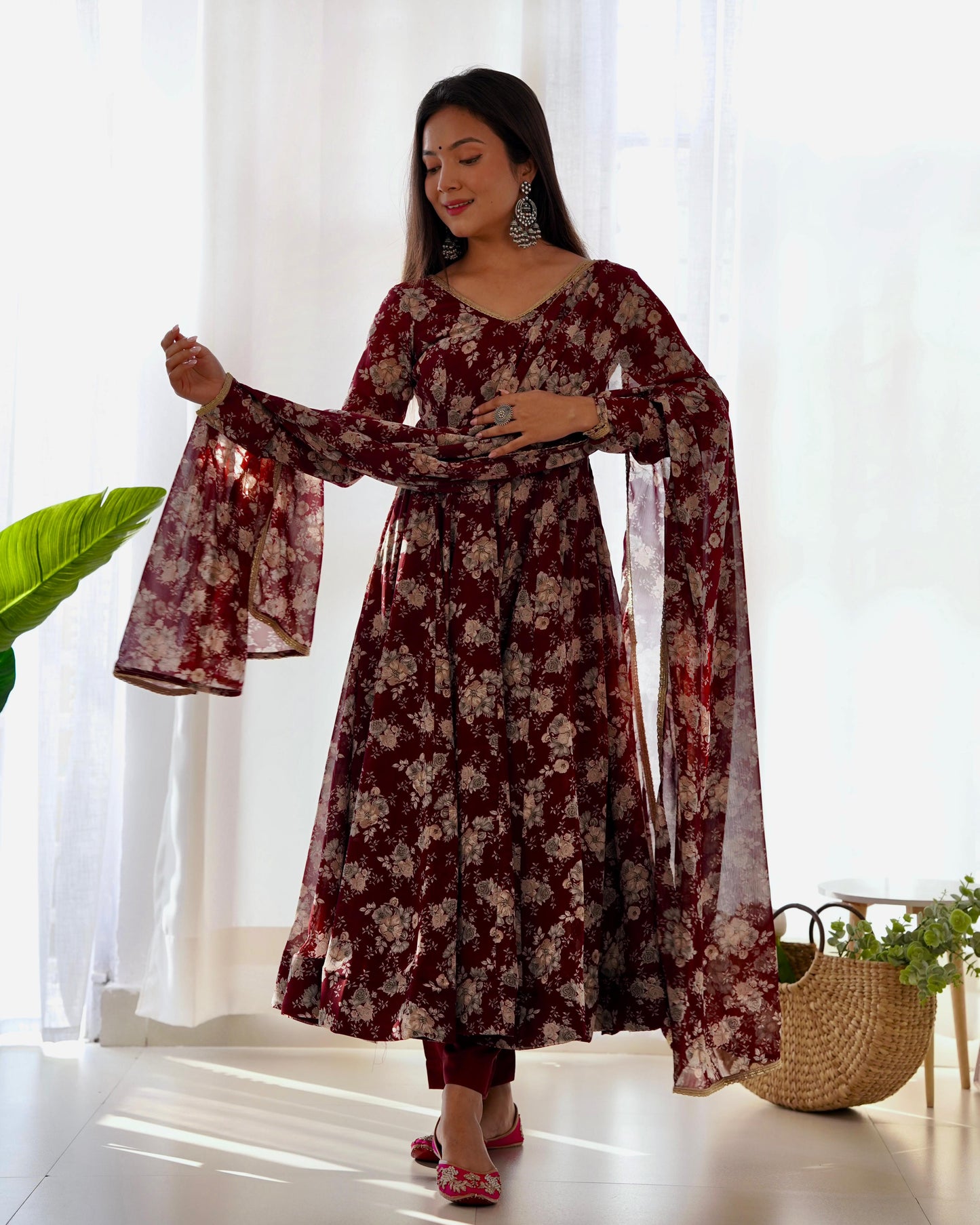 Exquisite Dark Maroon Floral Printed Fully Stitched Designer Anarkali Pant Suit - INDIAN ELEGANCE