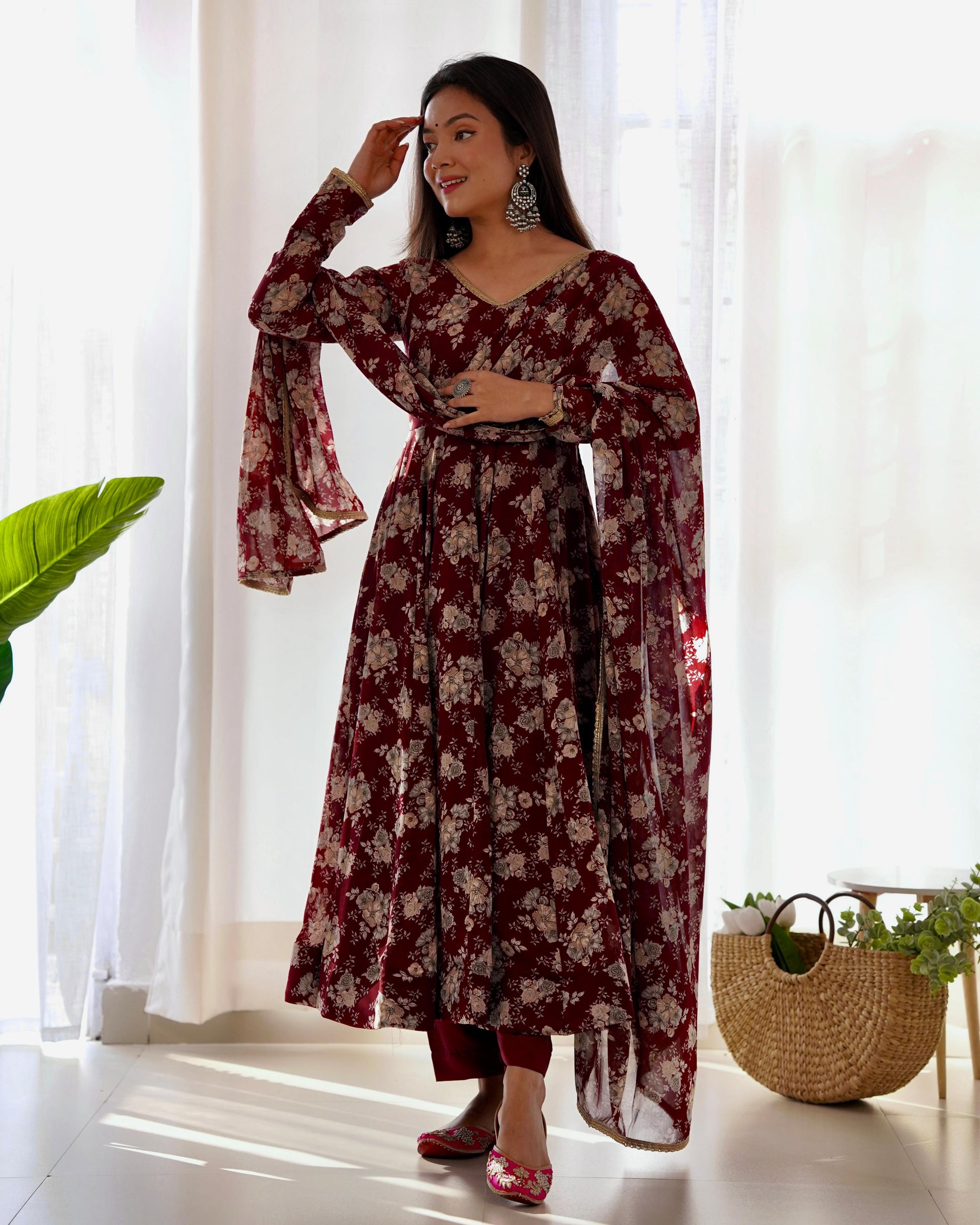 Exquisite Dark Maroon Floral Printed Fully Stitched Designer Anarkali Pant Suit - INDIAN ELEGANCE