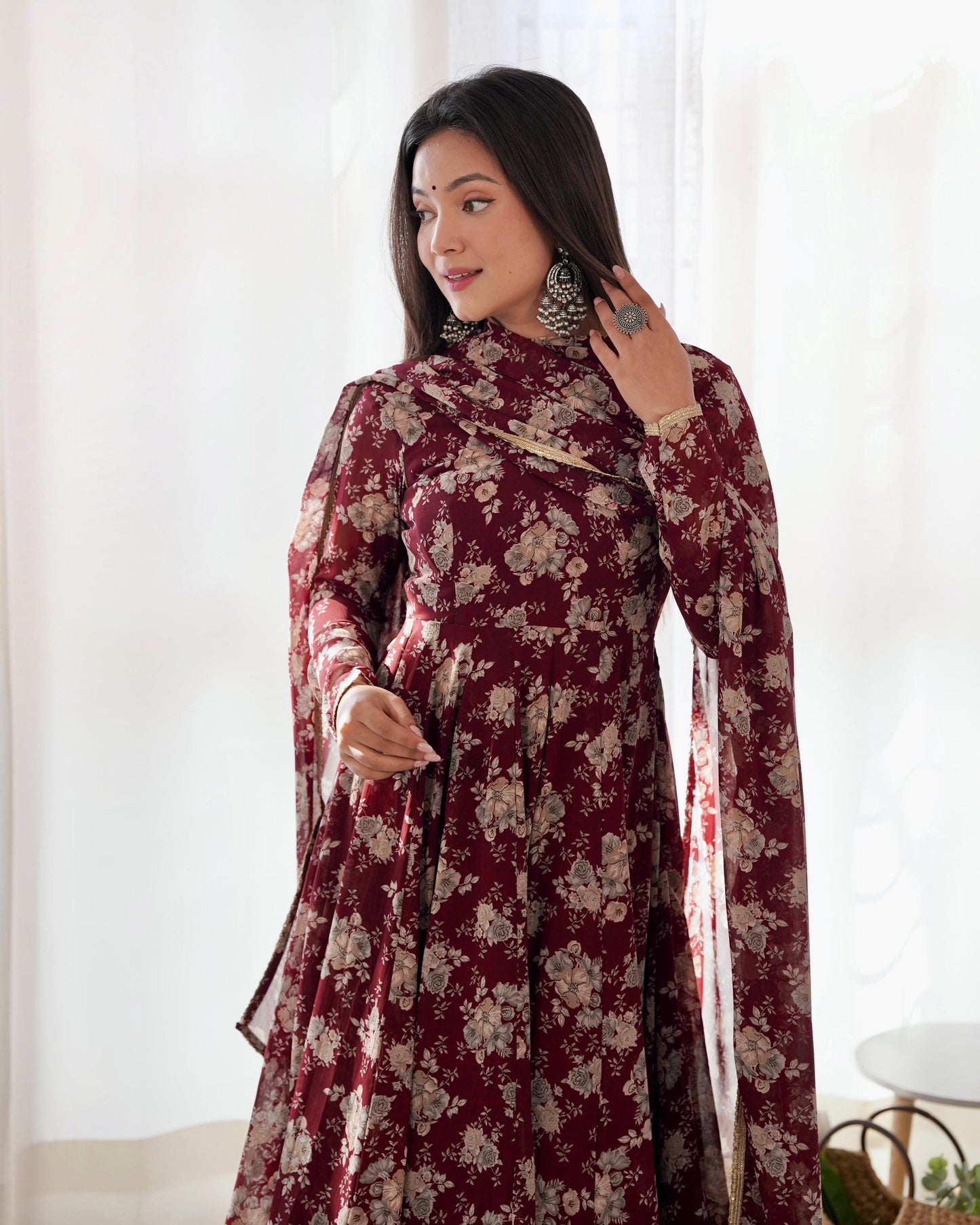 Exquisite Dark Maroon Floral Printed Fully Stitched Designer Anarkali Pant Suit - INDIAN ELEGANCE