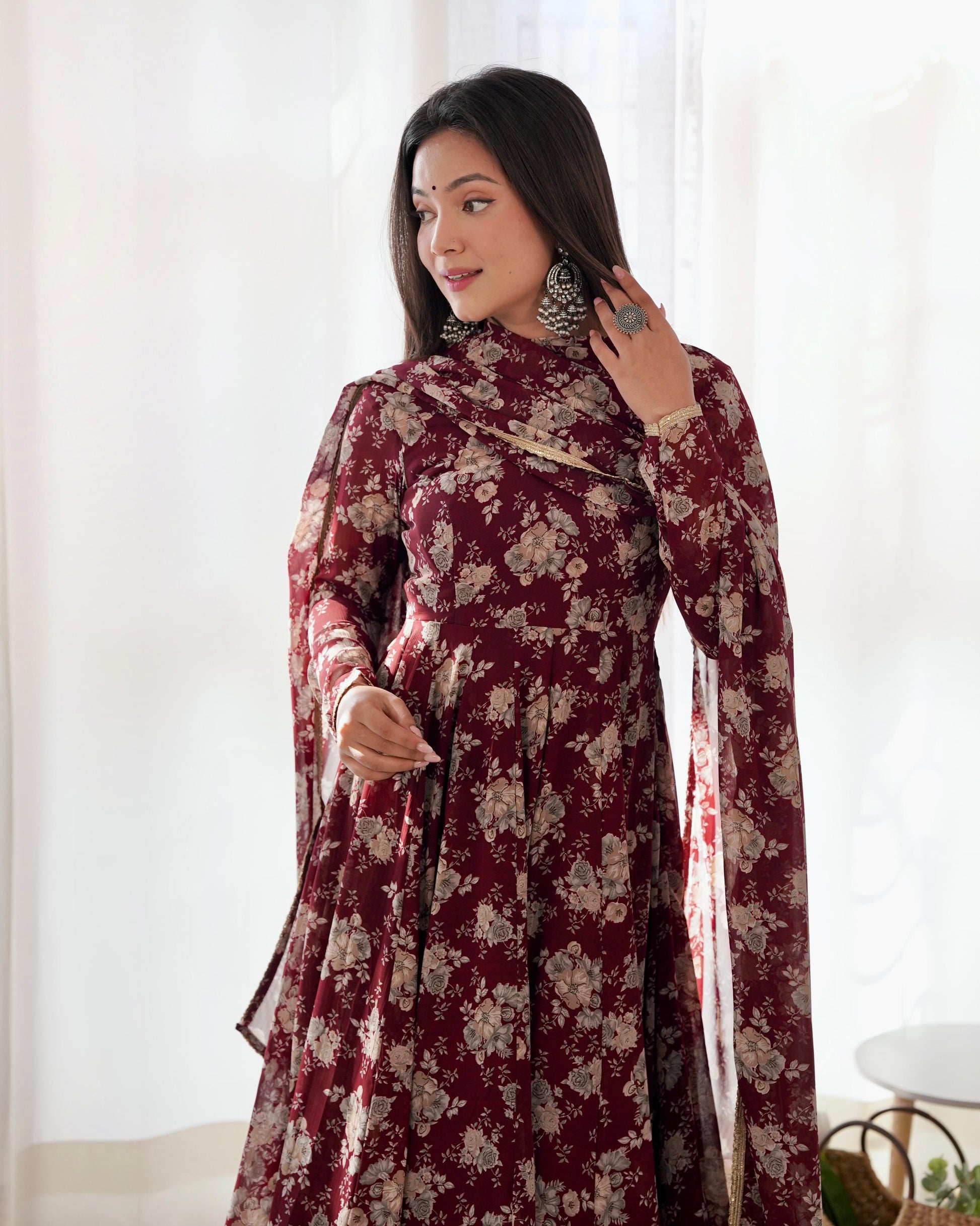 Exquisite Dark Maroon Floral Printed Fully Stitched Designer Anarkali Pant Suit - INDIAN ELEGANCE