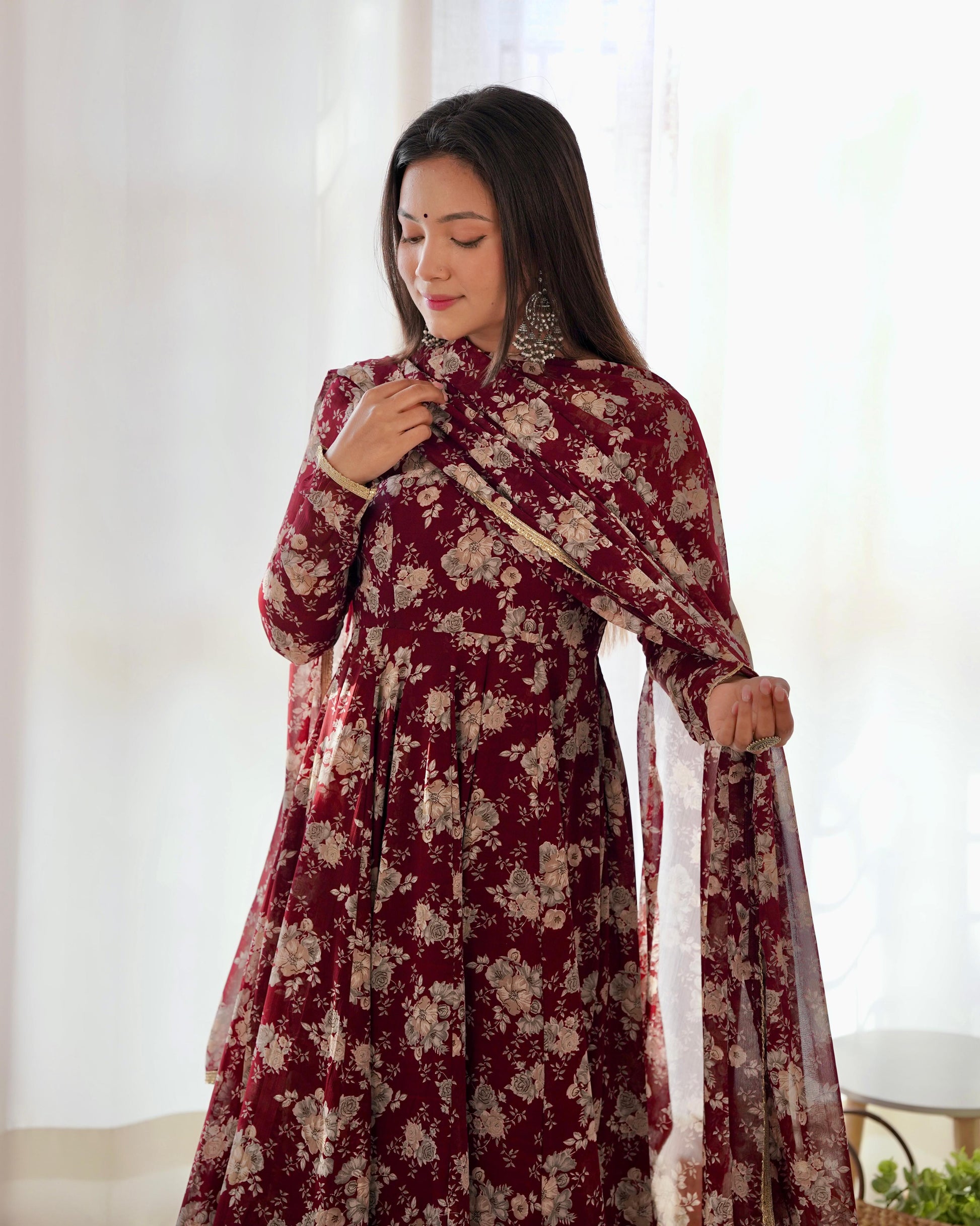 Exquisite Dark Maroon Floral Printed Fully Stitched Designer Anarkali Pant Suit - INDIAN ELEGANCE