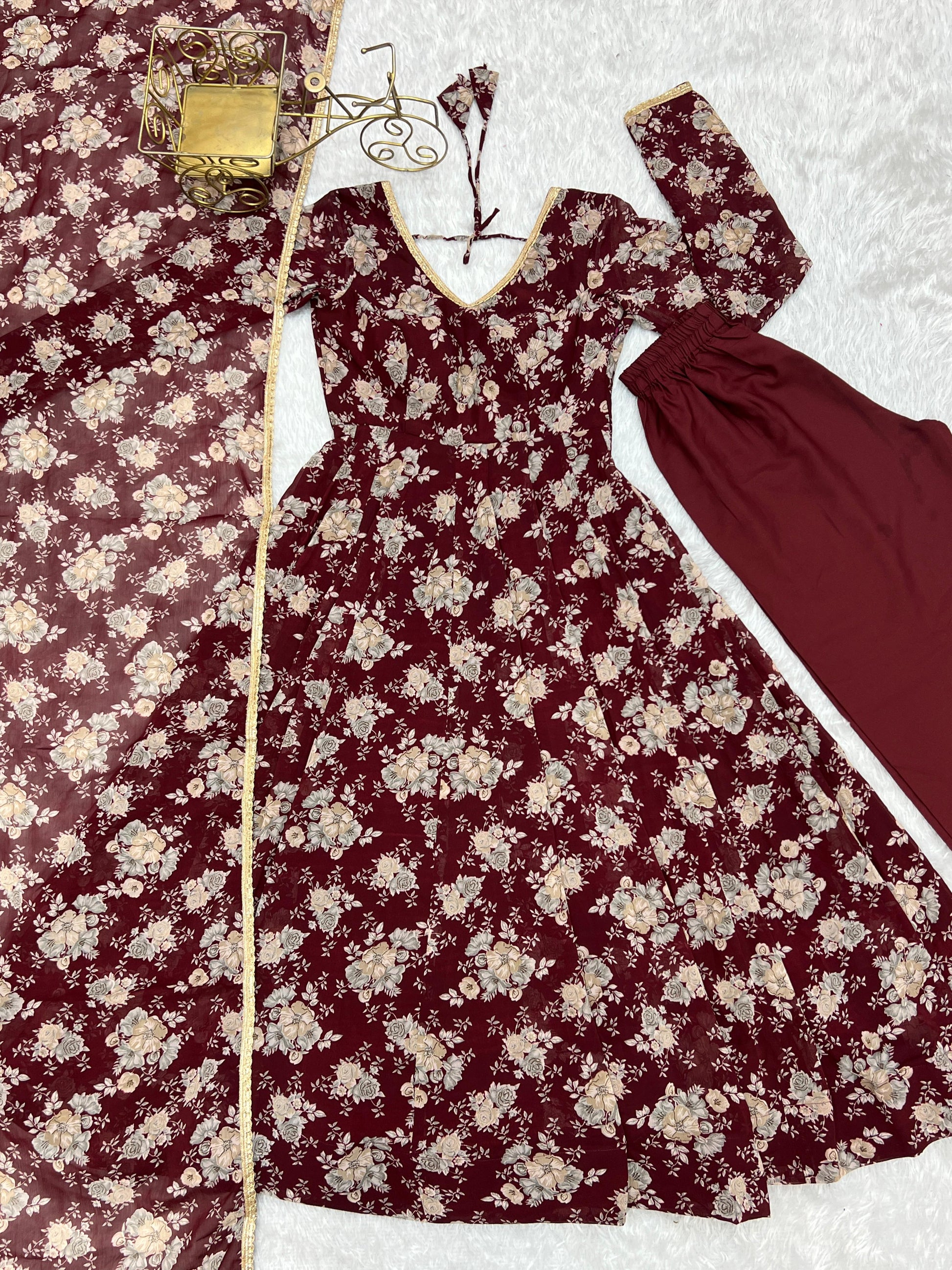 Exquisite Dark Maroon Floral Printed Fully Stitched Designer Anarkali Pant Suit - INDIAN ELEGANCE