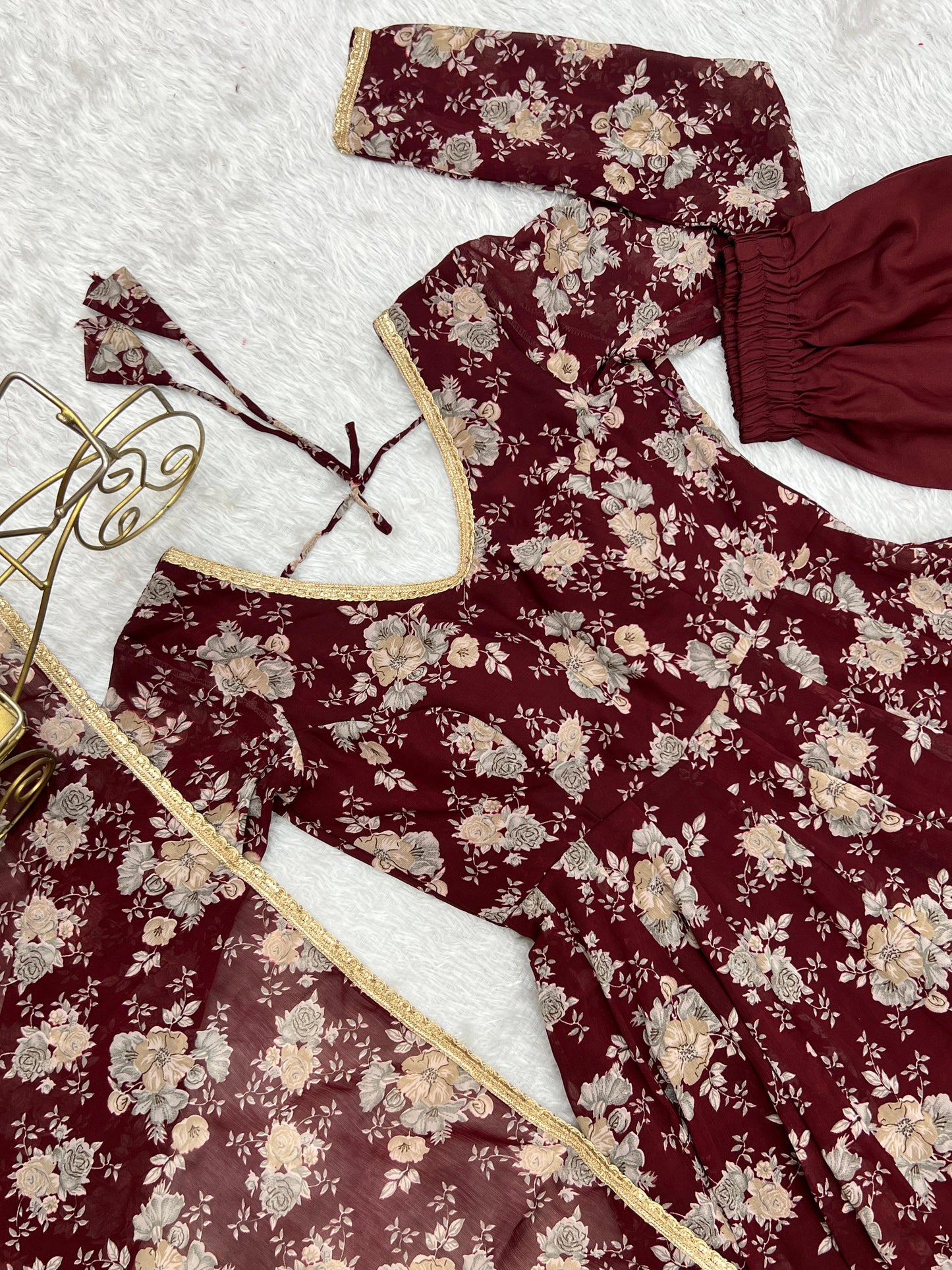 Exquisite Dark Maroon Floral Printed Fully Stitched Designer Anarkali Pant Suit - INDIAN ELEGANCE
