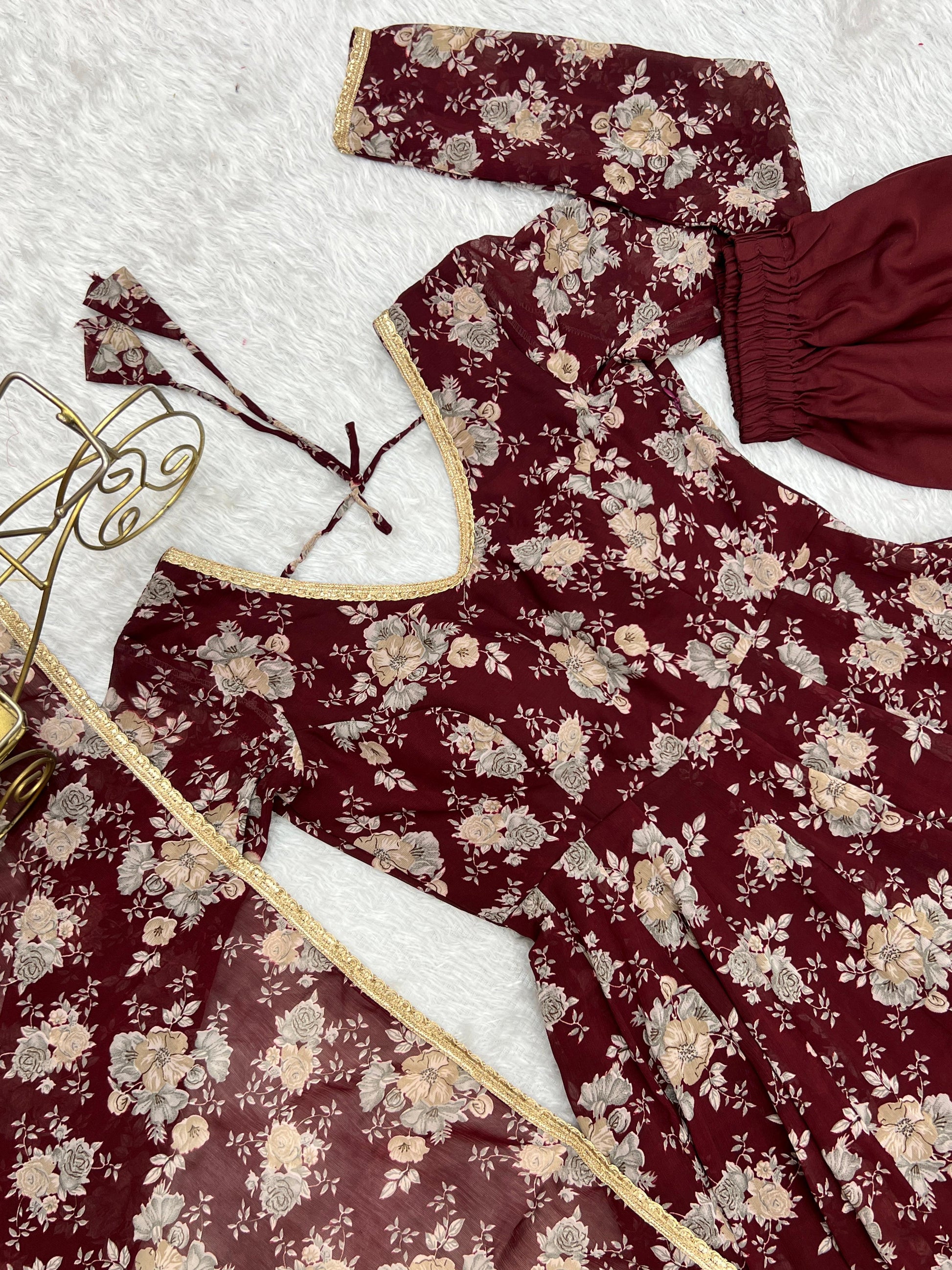 Exquisite Dark Maroon Floral Printed Fully Stitched Designer Anarkali Pant Suit - INDIAN ELEGANCE
