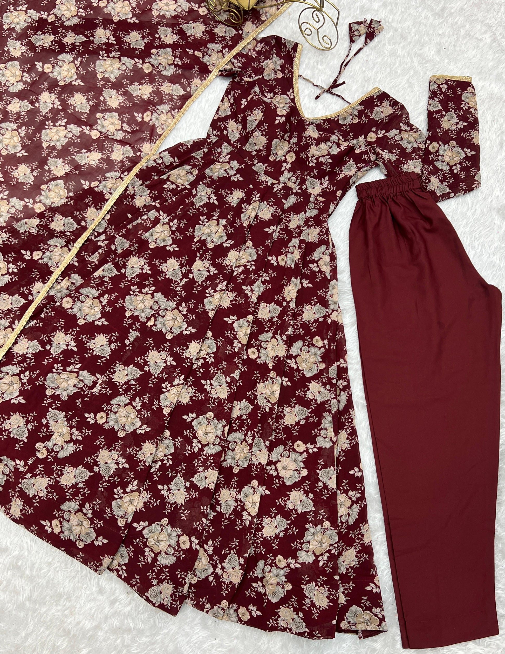 Exquisite Dark Maroon Floral Printed Fully Stitched Designer Anarkali Pant Suit - INDIAN ELEGANCE