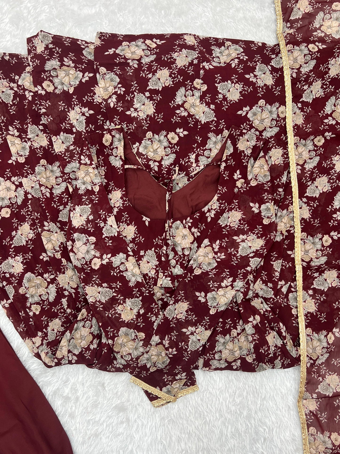 Exquisite Dark Maroon Floral Printed Fully Stitched Designer Anarkali Pant Suit - INDIAN ELEGANCE