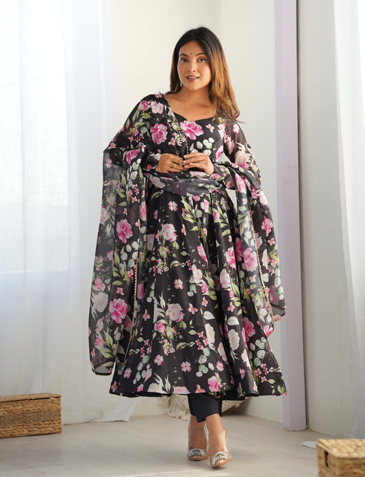 Sophisticated  Black Pure Organza Silk Floral Printed Anarkali Suit With Dupatta
