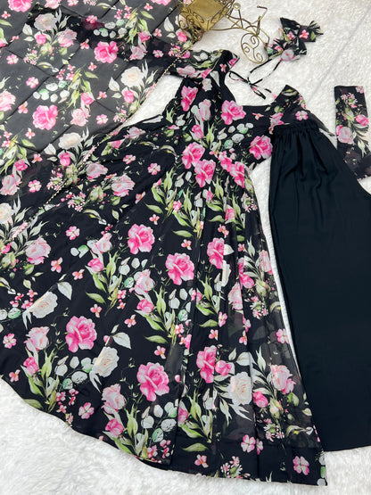 Sophisticated  Black Pure Organza Silk Floral Printed Anarkali Suit With Dupatta